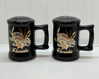 Vintage Florida Souvenir Black and Gold Ceramic Salt & Pepper Shakers