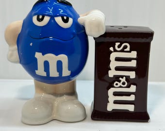 Vintage Blue M&M with Brown Candy Bag Ceramic Salt and Pepper Shakers