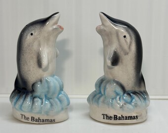 Vintage The Bahamas Jumping Dolphin Souvenir Ceramic Salt & Pepper Shakers