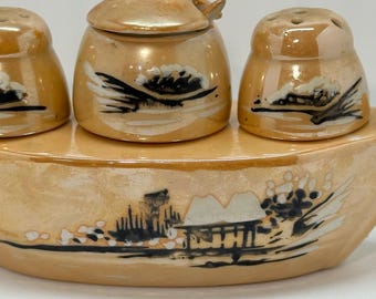 Vintage Japanese Lusterware Ceramic Salt & Pepper Shakers and Mustard Boat, Japan