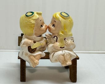 Vintage Boy / Girl Kissing Angels on Bench Ceramic Salt & Pepper Shakers, Japan