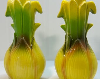 Vintage Colorful Onion Leek Ceramic Salt & Pepper Shakers, Japan