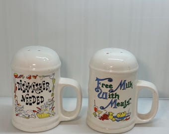 Vintage Dishwasher Needed/ Free Milk with Meals Mug Ceramic Salt & Pepper Shakers