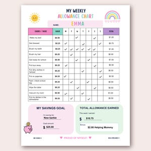 Peut inclure: Un tableau d'allocation hebdomadaire pour Emma avec un graphique de soleil et d'arc-en-ciel. Le tableau comprend des colonnes pour les tâches, les valeurs, les jours de la semaine et les totaux. Des sections pour l'épargne et le total gagné.