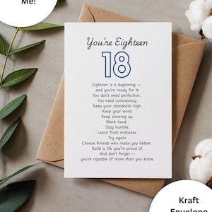 Tarjeta de cumpleaños número 18 para él, tarjeta de felicitación azul con hito, interior en blanco