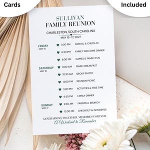 May include: A white rectangular itinerary card for a Sullivan Family Reunion in Charleston, South Carolina, dated May 15-17, 2027. The card features a detailed schedule of events from Friday to Sunday, accented with small green heart icons.