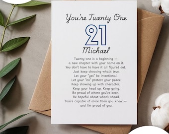Personalized 21st Birthday Card for Him, Meaningful Keepsake, Blank Inside