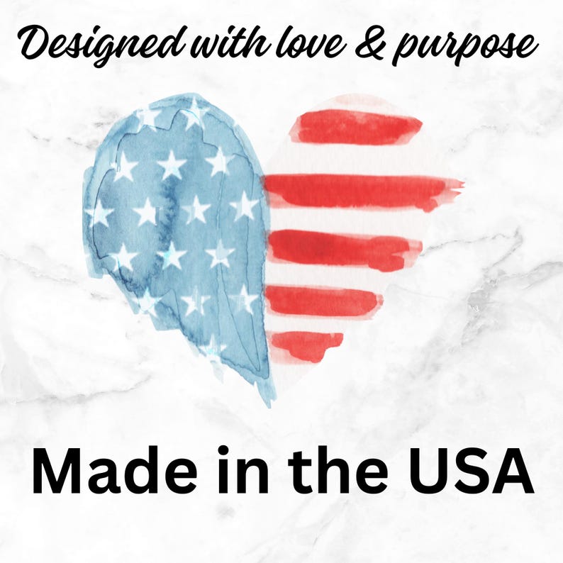 Watercolor American flag heart on a marble background with text reading “Designed with love & purpose” and “Made in the USA,” highlighting handmade American-made greeting cards and stationery.