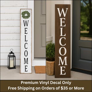 Sticker vertical pour plaque de bienvenue | Enseigne de porche en vinyle | Sticker BIENVENUE personnalisé | Décoration de porte d'entrée | Sticker pour enseigne de ferme | Embellissement facultatif