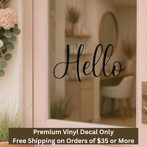 Calcomanía de puerta "Hola" - Letrero de bienvenida de vinilo para porche delantero / Decoración minimalista para entrada / Regalo de inauguración / Pegatina con escritura en negro mate