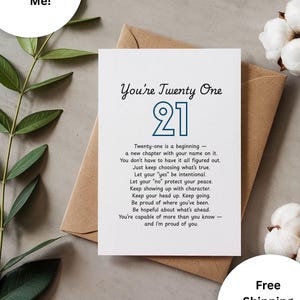 Puede incluir: Una tarjeta blanca con el texto "You're Twenty One" y el número 21 en azul. La tarjeta está sobre un sobre marrón, con texto que dice "Twenty-one is a beginning..." y está rodeada de elementos decorativos.
