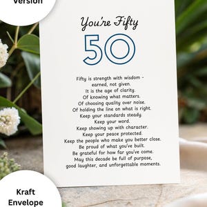 May include: A white greeting card featuring the text You're Fifty and the number 50 in blue. Below, black text reads: Fifty is strength with wisdom - earned, not given. It is the age of clarity. Of knowing what matters. Of choosing quality over noise.