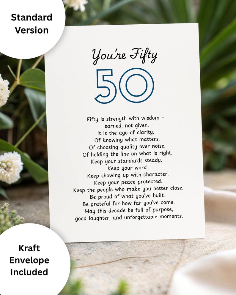 May include: A white greeting card featuring the text You're Fifty and the number 50 in blue. Below, black text reads: Fifty is strength with wisdom - earned, not given. It is the age of clarity. Of knowing what matters. Of choosing quality over noise.