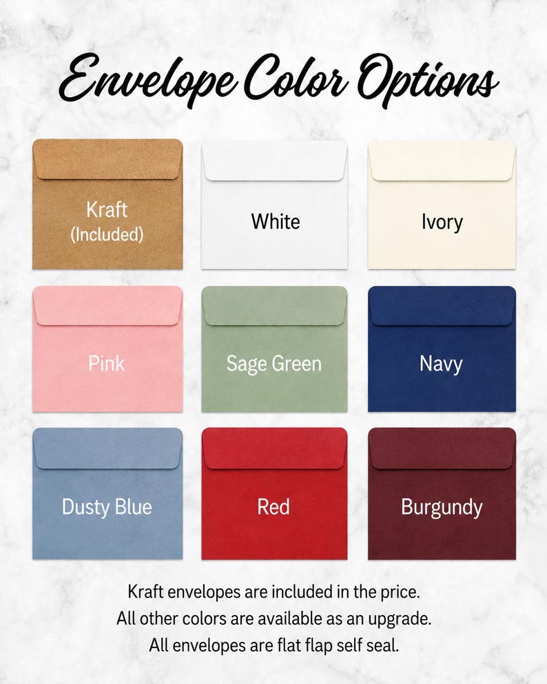 May include: A grid of nine rectangular envelopes in various colors labeled Kraft, White, Ivory, Pink, Sage Green, Navy, Dusty Blue, Red, and Burgundy. The text Envelope Color Options appears at the top, with additional text at the bottom.