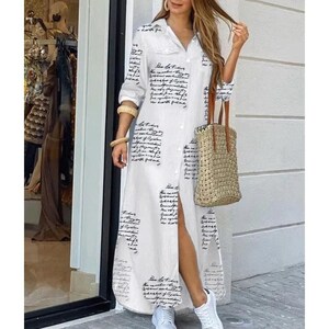 Vestido largo blanco con estampado de letras, vestido de verano con cuello vuelto, vestido largo fluido