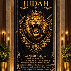 May include: A black vertical wall banner featuring a gold ornate border and fringe. The design includes a crown, a roaring lion wearing a crown, two crossed swords, a shield with a chalice, and the text JUDAH and GENESIS 49:9-10 with scripture.