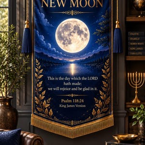 Israelite Scripture Banner Set | New Moon, Sabbath or Blowing of Trumpets | KJV Wall Hanging with Pole & Tassels