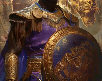 May include: An illustration of a person in regal attire, holding a shield. The person is adorned in gold and purple garments, with a lion depicted on the shield and in the background. The text "Tribe of Judah" is visible.