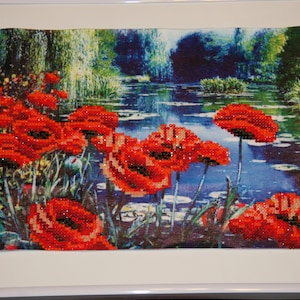 Poppies, Poppies on riverside, Poppies in landscape, Flowers, Red flowers, Red poppies, Diamond painting, Wall decoration, Room Decoration.