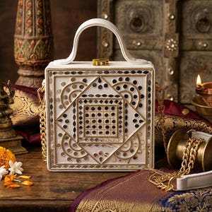 May include: A square white box-shaped handbag featuring a top handle and a gold-tone chain strap. The front panel is decorated with geometric patterns, gold-colored trim, and numerous small, reflective mirror pieces arranged in a symmetrical design.