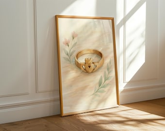 Irish Galway Claddagh Gold Ring Print: Love, Loyalty, Friendship, Watercolour Design (Digital Download)