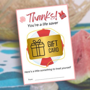 Life Saver Thank You Gift Card Holder, Teacher Gift, Nurse Appreciation Gift, Printable Gift for Memorial Day, Beach Themed Gift Card Holder