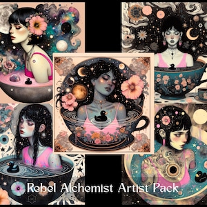 May include: A digital art collection titled Rebel Alchemist Artist Pack featuring five illustrations of individuals with dark hair in pink tops submerged in large teacups filled with water, flowers, celestial elements, and small black rubber ducks.