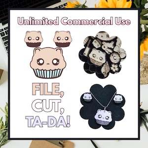 May include: A collection of digital designs featuring a cute cupcake character. The designs include cupcake illustrations, a necklace and earring set, and a circular arrangement of various objects. Text reads "Unlimited Commercial Use" and "FILE, CUT, TA-DA!"