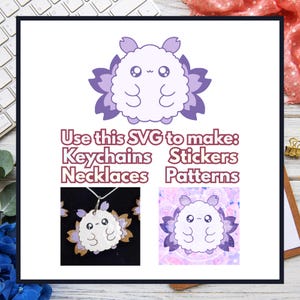 Può includere: Un personaggio dei cartoni animati bianco e viola, con grandi occhi e un design floreale. L'immagine include il testo "Use this SVG to make: Keychains, Stickers, Necklaces, Patterns."