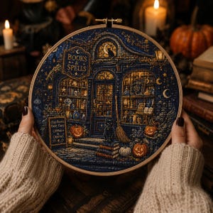 Witch’s Bookshop Cross Stitch Pattern, Halloween Bookstore Embroidery Chart (PDF Download)