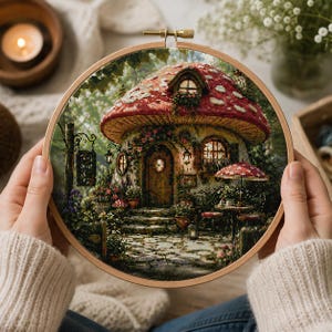 May include: A circular wooden embroidery hoop containing a detailed cross-stitch pattern of a whimsical mushroom-shaped house. The design features a large red-capped mushroom roof, a stone pathway, lush greenery, and a small outdoor seating area.