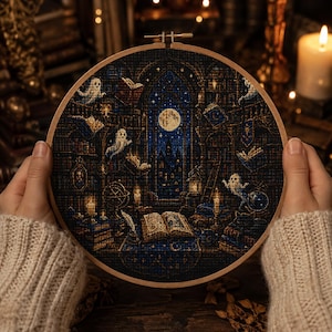 May include: A circular wooden embroidery hoop containing a cross-stitch piece depicting a dark library scene at night. The design features floating ghosts, an open book on a desk, bookshelves, and a large moon visible through a central window.