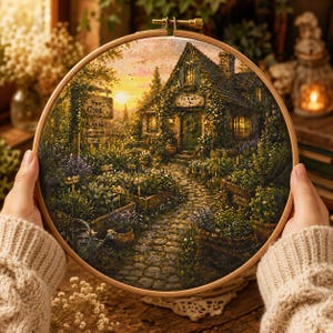 May include: A circular wooden embroidery hoop containing a detailed cross-stitch landscape of a cottage at sunset. The scene features a stone path leading to a house surrounded by lush greenery, flowers, and a sign with text, all rendered in warm tones.