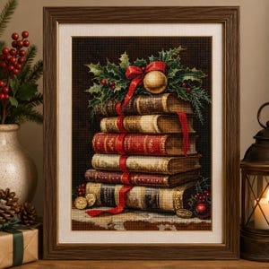 May include: A framed cross-stitch artwork depicting a vertical stack of six antique books tied with a red ribbon. The books are topped with green holly leaves, red berries, and a gold ornament. The scene is set against a dark brown background.