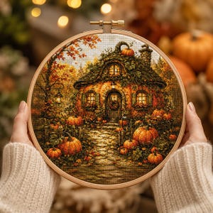 Pumpkin Cottage Cross Stitch Pattern, Fall Autumn Embroidery Chart (PDF Download)