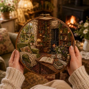 May include: A circular embroidery hoop featuring a detailed scene of a cozy library with a green armchair, a fireplace, bookshelves, and a window view. The artwork includes an open book on a wooden table and text reading Once upon a time.