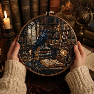 May include: A circular wooden embroidery hoop containing a detailed cross-stitch pattern of a black raven perched on a stack of books inside a library. The scene features dark shelves filled with books, a ladder, and an open book in the foreground.