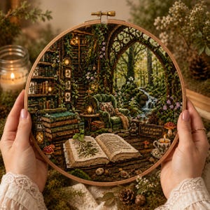 Peut inclure: Un tambour à broder circulaire présentant une scène au point de croix d'un coin bibliothèque avec un livre ouvert, un fauteuil vert, des étagères et une vue sur une forêt avec une cascade. Le texte "Let your imagination root and grow" est visible.
