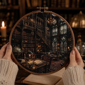 Op de afbeelding: Een ronde houten borduurring met een gedetailleerd kruissteekpatroon van een donker bibliotheekinterieur met meerdere verdiepingen. De afbeelding toont hoge boekenplanken, een wereldbol, een bureau met een open boek en sierlijke boogramen.