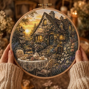 May include: A circular wooden embroidery hoop framing a detailed cross-stitch scene of a cottage at sunset. The design features a stone house with glowing windows, a garden with flowers, and a table set for tea with a teapot and cups on a lace cloth.