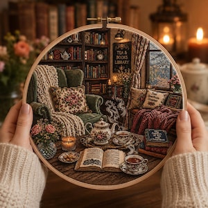 May include: A circular embroidery hoop containing a detailed cross-stitch scene of a cozy library interior. The design features a green armchair, a tea set, an open book, and shelves filled with books. Text on the wall reads TEA & BOOKS LIBRARY.
