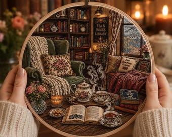 居心地の良い図書館のクロスステッチパターン、お茶と本のある読書コーナーの刺繍図案（PDF）