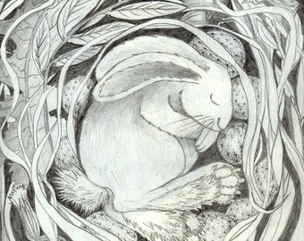 magical sleeping hare ,illustration print on  coloured card, perfect gift for birthdays , christenings or christmas