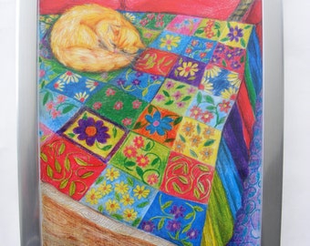Colourful Illustration , Quilt of dreams ;A4 Quality colour print  a cat sleeping ,  pencil , wall art