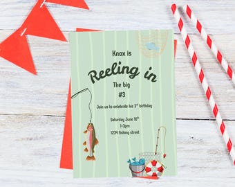 May include: A green and white striped invitation with a fishing theme. The text reads "Knox is Reeling in The big #3 Join us to celebrate his 3rd birthday Saturday June 10th 1-3pm 1234 fishing street".