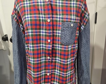 Handmade Patchwork Flannel Shirt: Reworked Denim Details