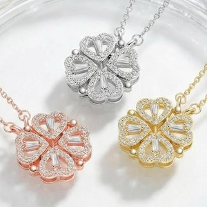 Lucky Clover Heart Necklace, Magnetic Heart Pendant for Women, 2 in 1 Transformable Jewelry