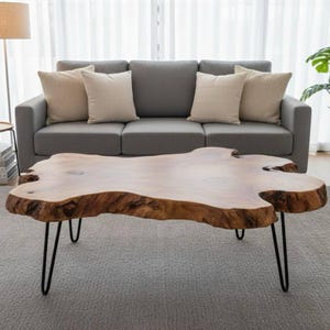 May include: A live edge coffee table with a natural wood grain finish. The table has a unique, organic shape and is supported by black hairpin legs. The table is in front of a gray sofa with beige pillows.