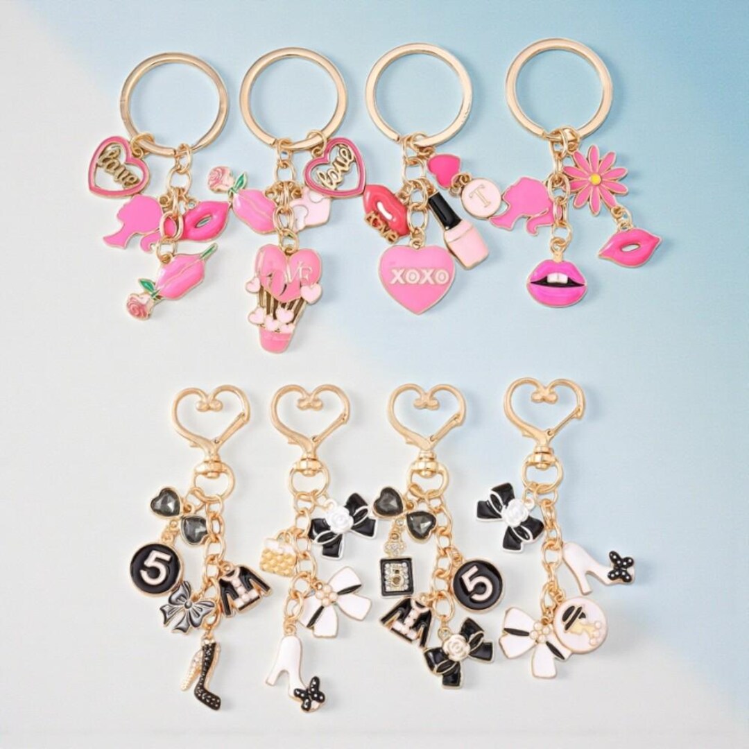 Pink Enamel Heart Keychain Lip Flower Pendant Bag Charm Key Ring - Etsy