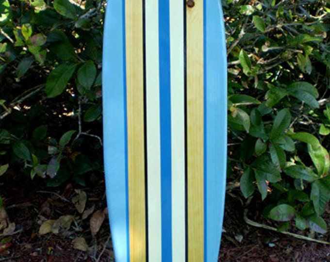 Featured listing image: Blue Tropical Classic Pinstripe Longboard Style Surfboard Wood Art-Customizable-Beach Tropical Theme, Home, Office Interior Design Decor